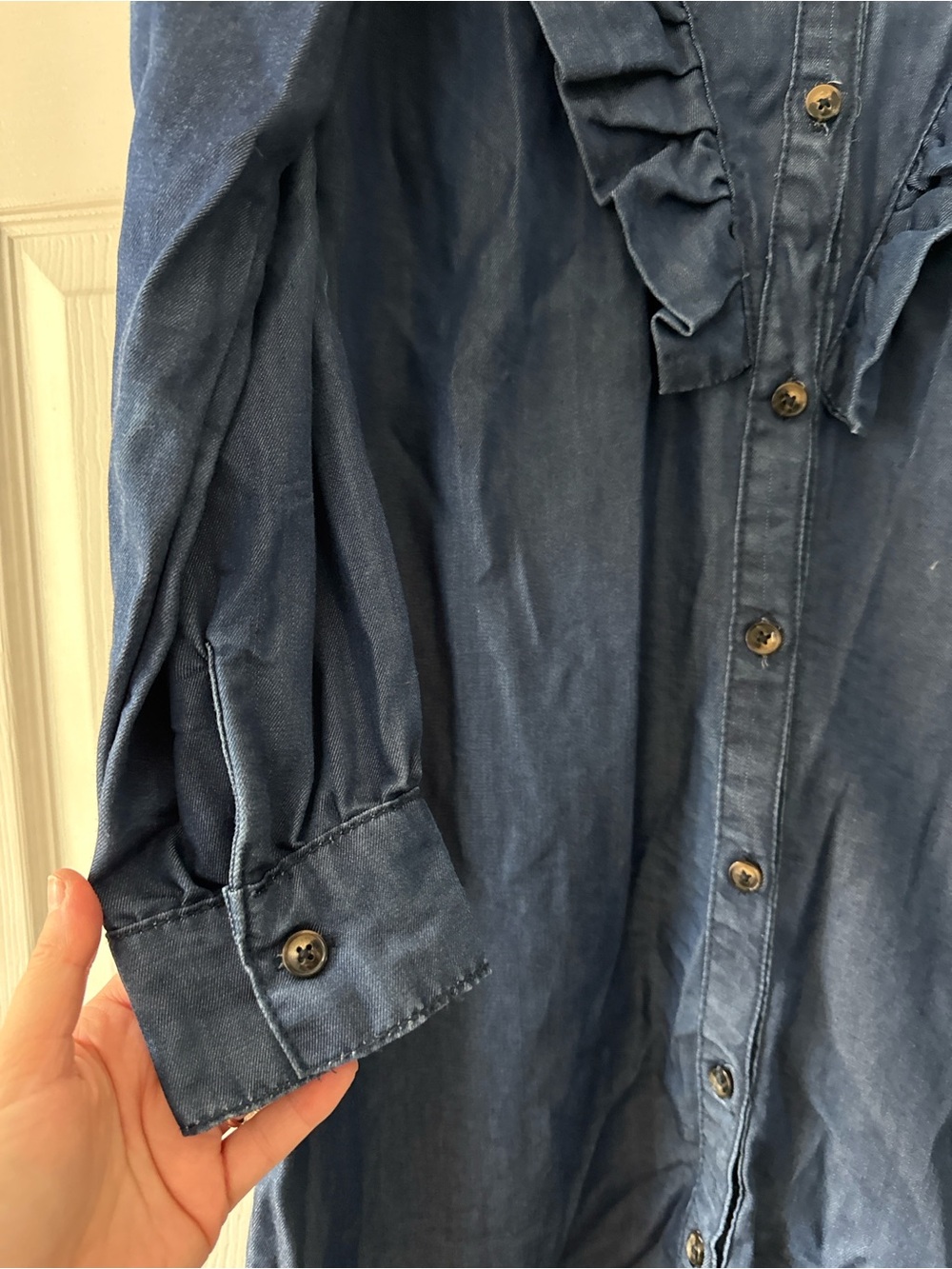 Pink Lily Denim Ruffle Button-Front Dress - Blue - Picture 4 of 5